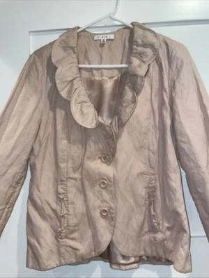 Chaqueta Blazer CAbi Mujer Pétalos Volantes Boho Bolsillos Ajustados Talla 12 Tostado Pana Foto 1 de 4