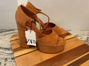 Neu mit Etikett Zara Schuhe cognacfarben Wildleder Leder Plateau klobige Absätze 9 40 - Bild 1 von 9