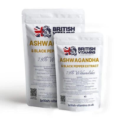 BRITISH VITAMINS Ashwagandha Extract + Patented Black Pepper 50:1 - 7.9% Withanolides 620mg
