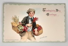 Thanksgiving Post Card Frances Brundage Embossed Young Boy Garden Bounty Gibson
