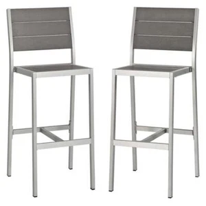 Modway Shore 29.5" Aluminum & Wood Patio Bar Stool in Gray and Silver (Set of 2) - Picture 1 of 6