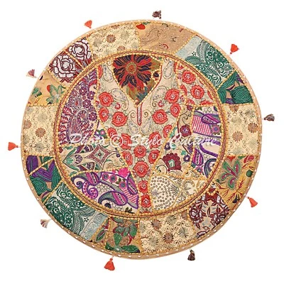 Cojín de piso beige redondo vintage retazos puf funda de cojín 32 pulgadas decoración del hogar Foto 1 de 4