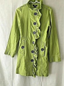 Abrigo verde para mujer Lui, talla L, mezcla de lino, volantes, botón frontal púrpura, manga larga - Imagen 1 de 12