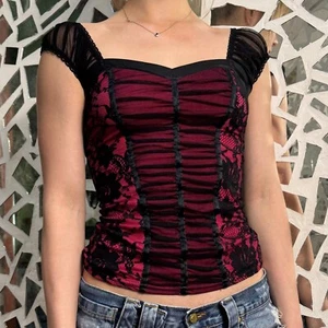 Jane Norman Vintage Top T-shirt Corset Lace Floral Pink Black Mesh size 38 - Picture 1 of 5