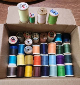37 Sewing Thread Spools w/thread Old Wood and new Styro Poly Collectible Crafts - Picture 1 of 1