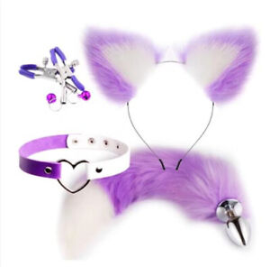 Cute 4pcs Set Women's Fox Butt Tail Heart Collar Soft Cat Ears Headbands Cosplay
