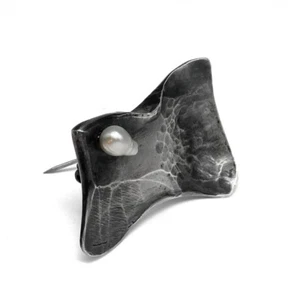 UNUSUAL Vtg Modernist Sterling HAND FORGED INGOT Hammered Brooch Pin Pearl MCM - Picture 1 of 6