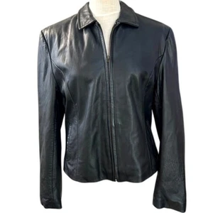 Vintage Wilsons Leather Black Moto Jacket SIZE L Retro Sexy Chic Full Zip Collar - Picture 1 of 13