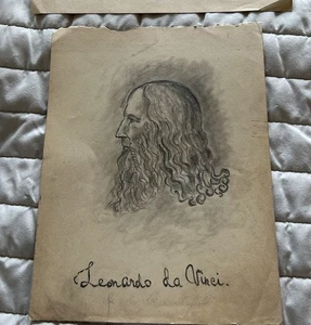 Vintage Hand Drawn Pencil Portrait Leonardo da Vinci On Manila Paper No Artist - Picture 1 of 7