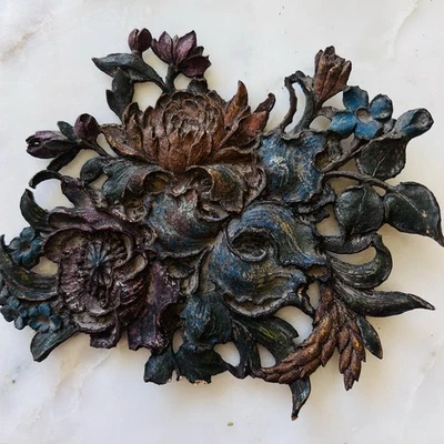 Pair of Antique Hand-Carved Floral Wood Plaques – 7” x 6” – Aged Painted Finish - Image 1 of 4