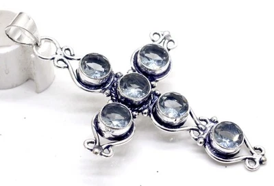 Colgante Cruz Hecho a Mano Joyería Piedras Preciosas Topacio Blanco Plata de Ley 925 Foto 1 de 2
