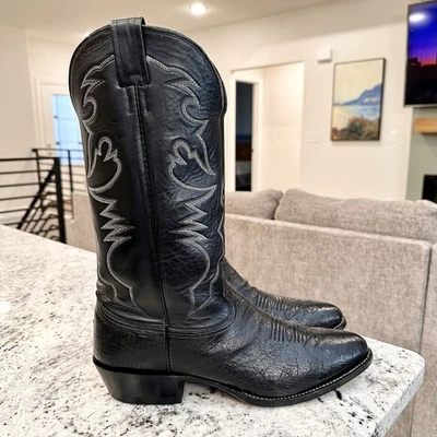 Botas de avestruz LARRY MAHAN tamanho 11 B masculinas pretas cowboy vestido ocidental ropers de couro - Imagem 1 de 4