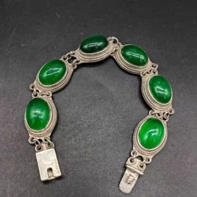 Pulsera hecha a mano con incrustaciones de plata verde antiguo Tíbet 512 Foto 1 de 4