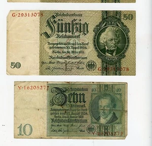 Germany Reichsbank notes - 1933 50 Marks, 1929 10 Marks, circulated - Picture 1 of 4