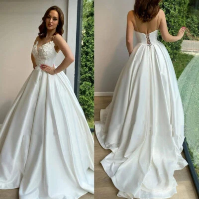 Elegant Wedding Dresses Sleeveless A Line Satin Spaghetti Straps Bridal Gowns - Image 1 of 4