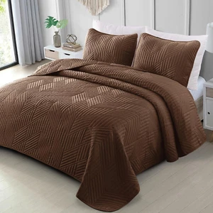 Ultrasonic King Quilt Bedding Set, Lightweight Brown Bedspreads Soft Modern Geom - Picture 1 of 7