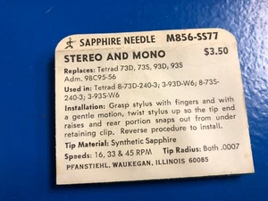 Vintage NOS Pfanstiehl Turntable Record Player Needle # M856-SS77 - Picture 1 of 3