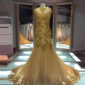 Vestido de novia dorado champán sirena joya cuello cuentas encaje tul vestidos de novia - Imagen 1 de 9