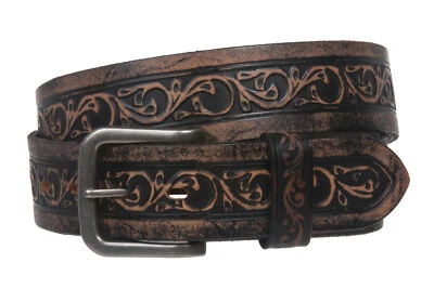  Cinturón de cuero de vaca vintage con detalles en relieve de dos tonos lijado a mano suave Foto 1 de 4