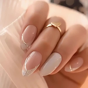 24pcs Reusable False/Fake Press-On Nails - Almond Nude with Gold Accent - Picture 1 of 7