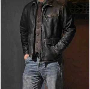 Chaqueta de cuero real negra envejecida café racer vintage motociclista para hombre - Imagen 1 de 4