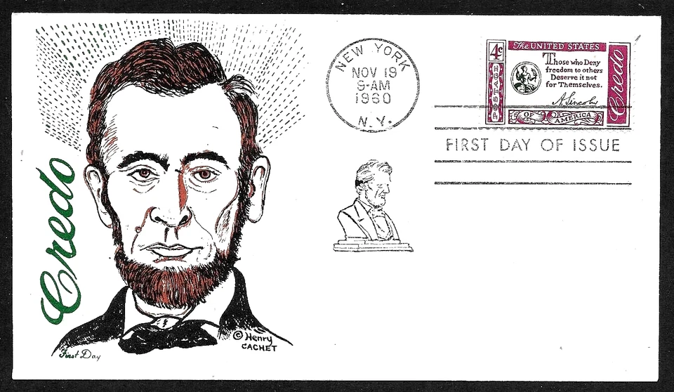 1143 4c Stamp (1960) ABRAHAM LINCOLN CREDO FDC Hand Painted By Henry Cachets !!! - Image 1 of 1