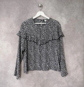 H&M Divided Top Size 14 Black Ruffle Long Sleeves Popover  Blouse Ruffle Yoke - Picture 1 of 6