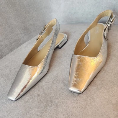 Michael Kors slingback flats 6 silver leather Darrington metallic logo new $135 - Image 1 of 4