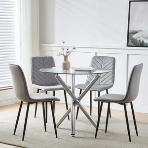 Small Space Round Glass Table & 4 Grey Velvet Chairs Kitchen Set - Picture 1 of 12