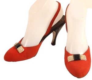 Vintage 50s Red Herbert Levine Slingback Rhinestone Heels Size 7 - Picture 1 of 16