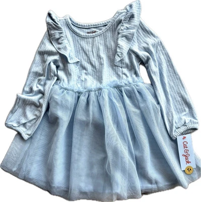 Nuevo con etiquetas Vestido Niñas Cat & Jack 3T Azul Polvoriento Manga Larga Forrado Interior con Red Exterior Foto 1 de 4