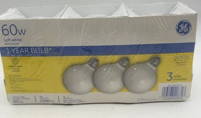 GE 60W Soft White G25 Globe Light Bulbs Medium Base 3 Pack NOS Sealed - Image 1 of 3