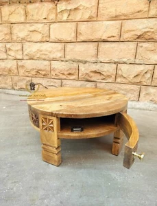 Wooden Coffee Table Hand Made Craved Round Indian Grinder Table Chakki Table Art - Picture 1 of 8