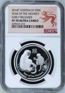 2016 P Australia PROOF Silver Lunar Year of the Monkey NGC PF70 1/2 oz Coin ER - Picture 1 of 3