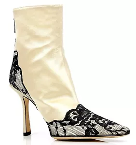 JIMMY CHOO BEIGE SATIN BLACK LACE DETAIL CASUAL BOOTS Sz 37 M MADE IN ITALY - Picture 1 of 7