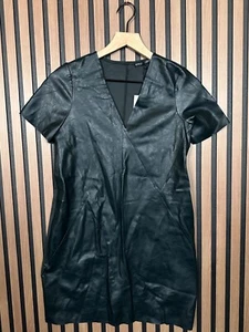 New Zara Dress Medium Womens Green Faux Leather Trim V Neck Short Sleeve Sheath - Picture 1 of 8
