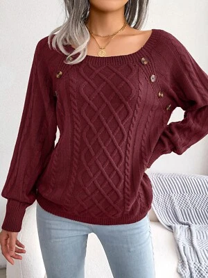 winter casual square neck button Fried Dough Twists knitting pullover sweater - Image 1 of 4