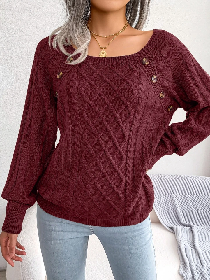 winter casual square neck button Fried Dough Twists knitting pullover sweater - Image 1 of 4