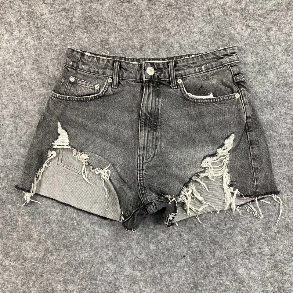 Pantalones Cortos Zara Mujer US 6 AU 10 W28 Negro Desteñido Envejecido Tiro Alto 35617 Foto 1 de 4