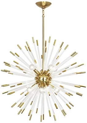Mid Century Brass Sputnik 8 Light Glass Rod Chandeliers Lamps Lighting Fixture - Image 1 of 2