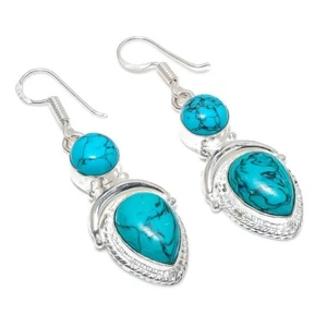 Blue Turquoise Gemstone Handmade 925 Sterling Silver Jewelry Earring Size 1.80" - Picture 1 of 1