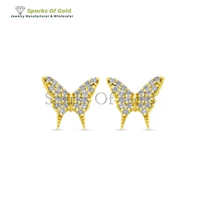 Natural Pave Diamond Butterfly Stud Earrings 14k Yellow Gold minimalist Jewelry - Picture 1 of 5