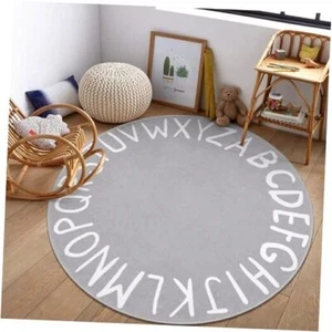 ABC Kids Round Play Room Rug for Classroom, Large Washable Rug 71 Inches Grey - Picture 1 of 8