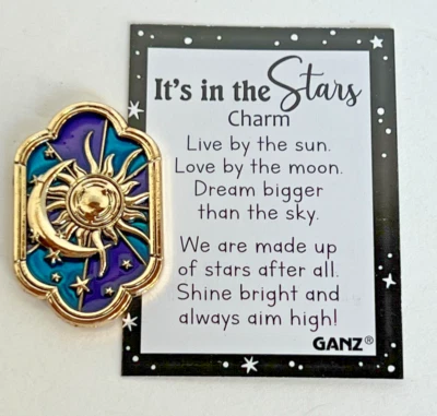 Ganz "It's In The Stars" Sun Moon Charm/Token +Card Gold w/Purple &Blue 1 1/8"