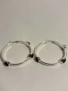 Chaps Hoop Post Earrings  Silver Tone Metal black rhinestones beautiful - Picture 1 of 5