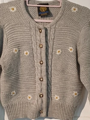 Lanamoden Cardigan 90s Pure New Wool Grey Cable Knit Edelweiss Size Small UK 10 - Image 1 of 4