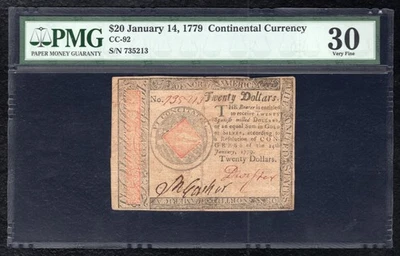 CC-92 JANUARY 14, 1779 $20 TWENTY DOLLARS CONTINENTAL CURRENCY NOTE PMG VF-30 - Image 1 of 2