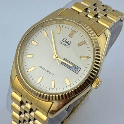 Vintage Q&Q Quartz Watch Men Gold Tone Fluted Bezel Japan Analog New Batte 7.25" - Image 1 of 4