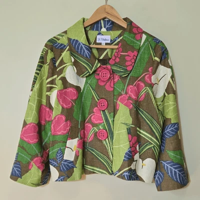 3 Sisters Linen Blend Floral Cropped Blazer Jacket Sz XL Cotton 3/4 Sleeve Boxy - Image 1 of 4