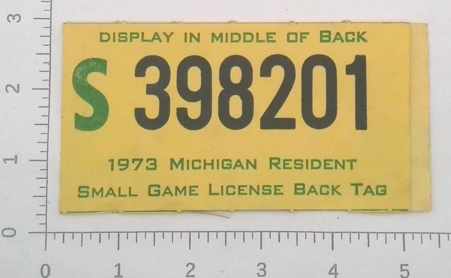 Michigan Resident 1973 juego pequeño licencia de caza etiqueta trasera Foto 1 de 1